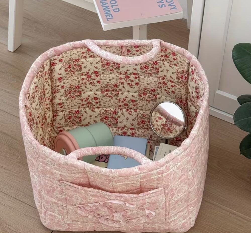 Quilted Yarn Toy Storage Basket with Handle - Pink (Don't accept offers)